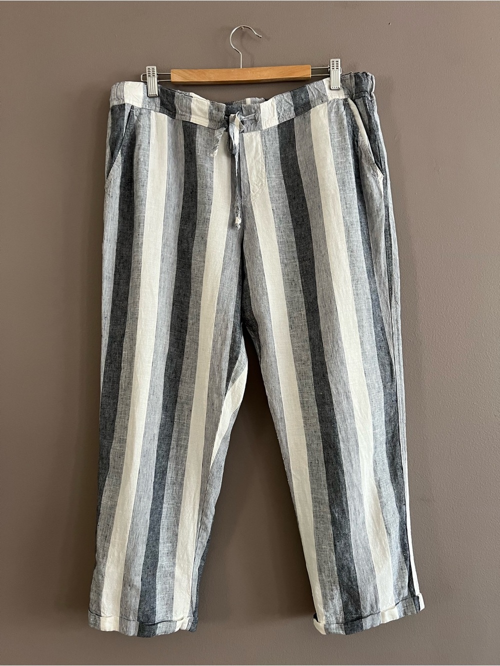 Allen Allen Women XL Blue Striped 100% Linen Pants Straight Cropped Drawstring